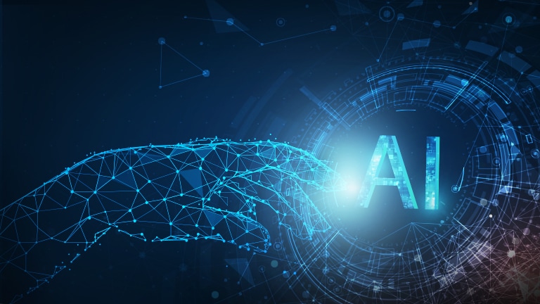 A blue hand, designed in a neuro mapping style, is depicted with the word AI inscribed on a piece of wire held by the index finger..